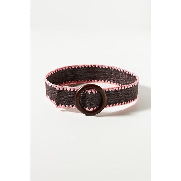 NEW Anthropologie Chocolate & Pink Whipstitch Raffia Textured Stretch Belt Small - Picture 1 of 1